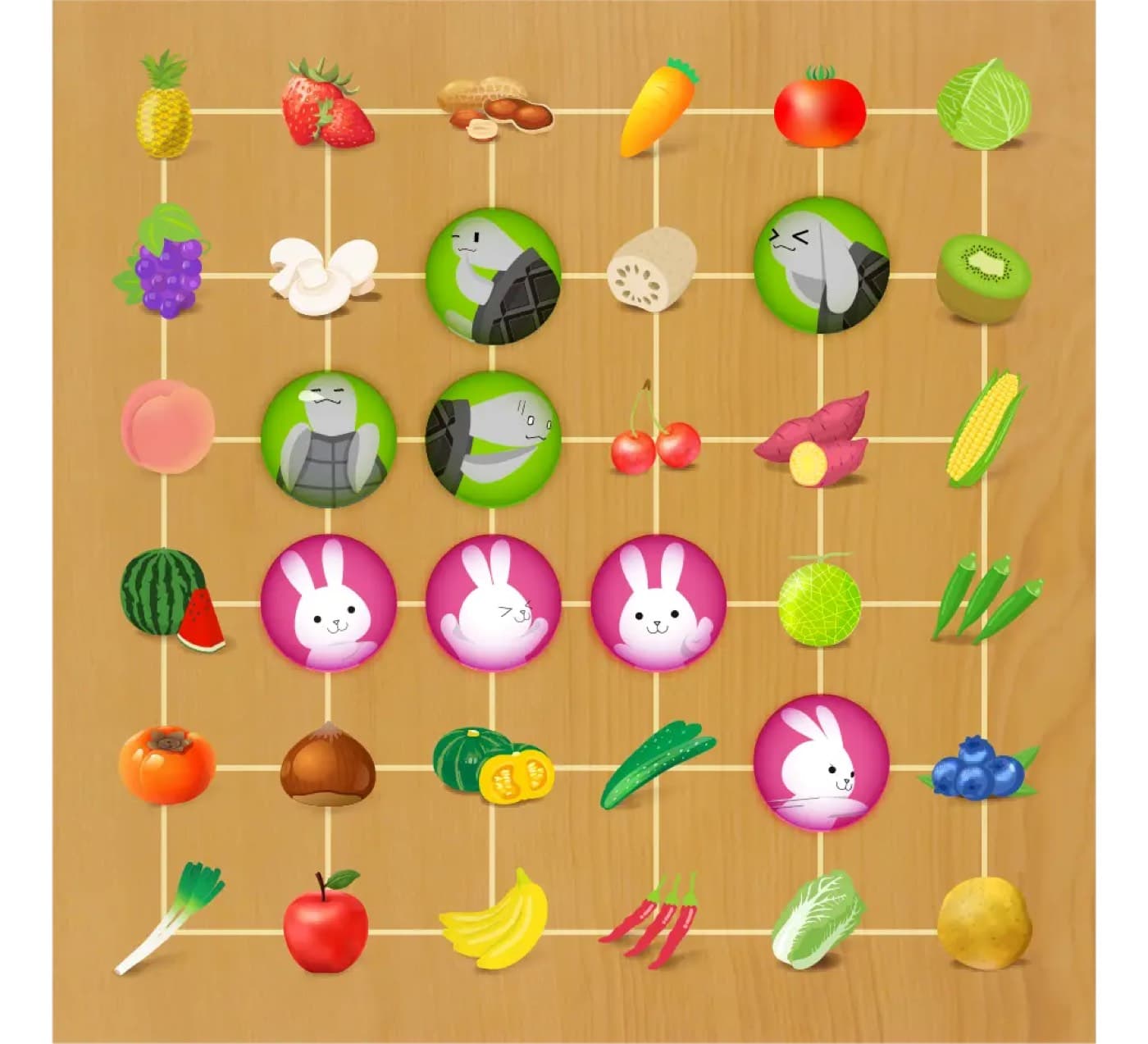 6×6 の盤に、うさぎとかめの石が置かれている図